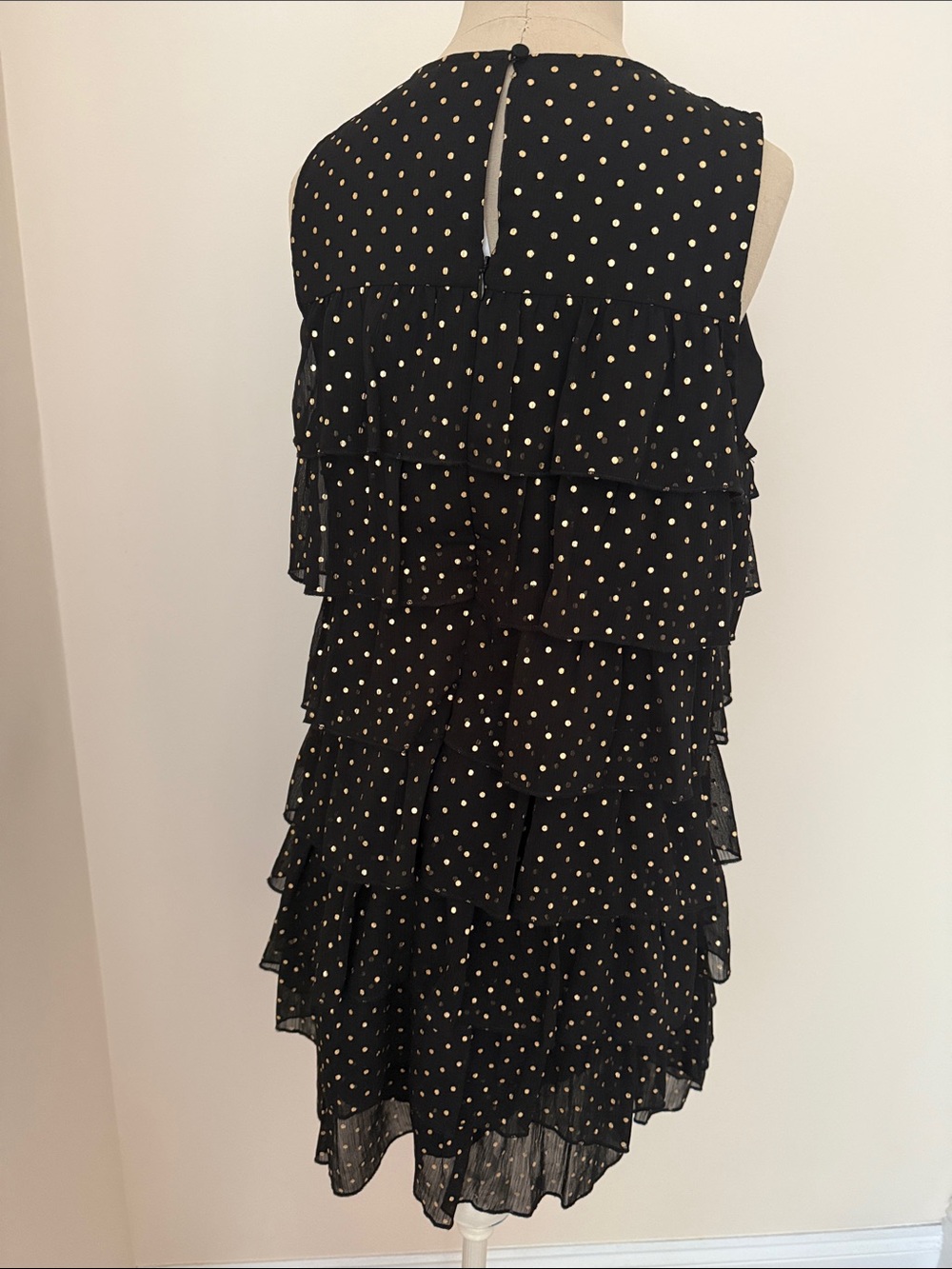 J. Crew Factory Black Tiered Mini Dress with Gold Polka Dots - Picture 3 of 4